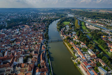 Obraz premium Beautiful aerial view of Regenesburg, its massive gothic St Peter cathedral, the Danube river and the Old Stone Bridge