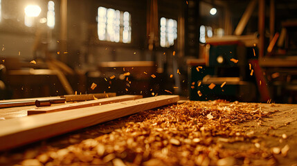 A close-up of wood shavings scattered on a workshop floor, illuminated by soft light filtering through windows, creating a warm atmosphere of craftsmanship.