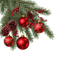 Red Christmas baubles an pine isolated on white or transparent.