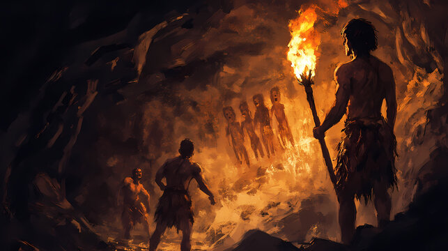 Primitive cavemen wore animal skins and explored caves at night. hold the torch and look at the paintings on the wall. Flaming Torch Cave. Illustration