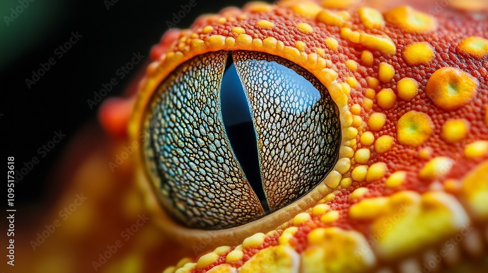 Poster close up macro shot of a reptilian eye showcasing the intricate vivid patterns and textures of the s