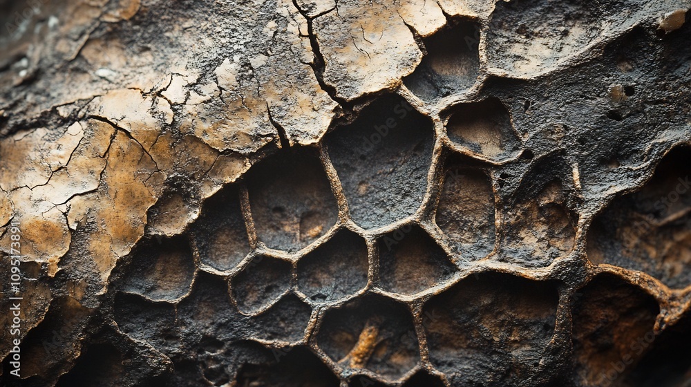 Poster macro photography capturing the intricate textures patterns and weathered details of an organic natu