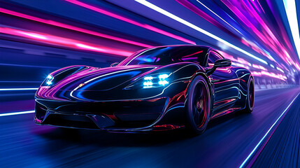 A sleek black sports car glides through a vibrant tunnel of neon lights, showcasing its futuristic design and powerful presence.