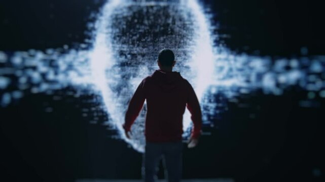 Futuristic Scene of a Man Engaging With a Looming AI in Digital Surroundings
