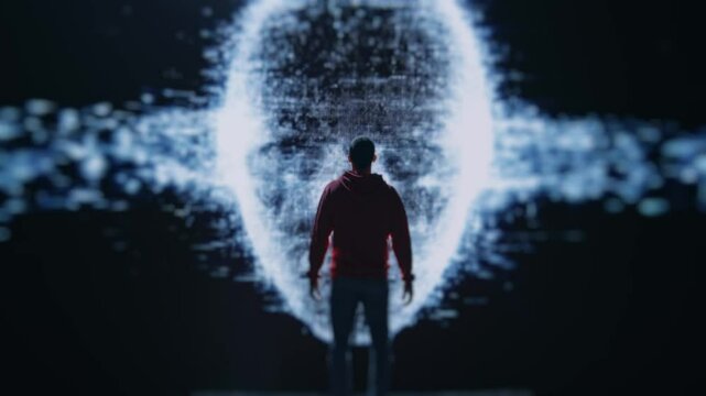 Human Silhouette Confronting a Dystopian AI Interface in Glowing Sci-Fi Scene
