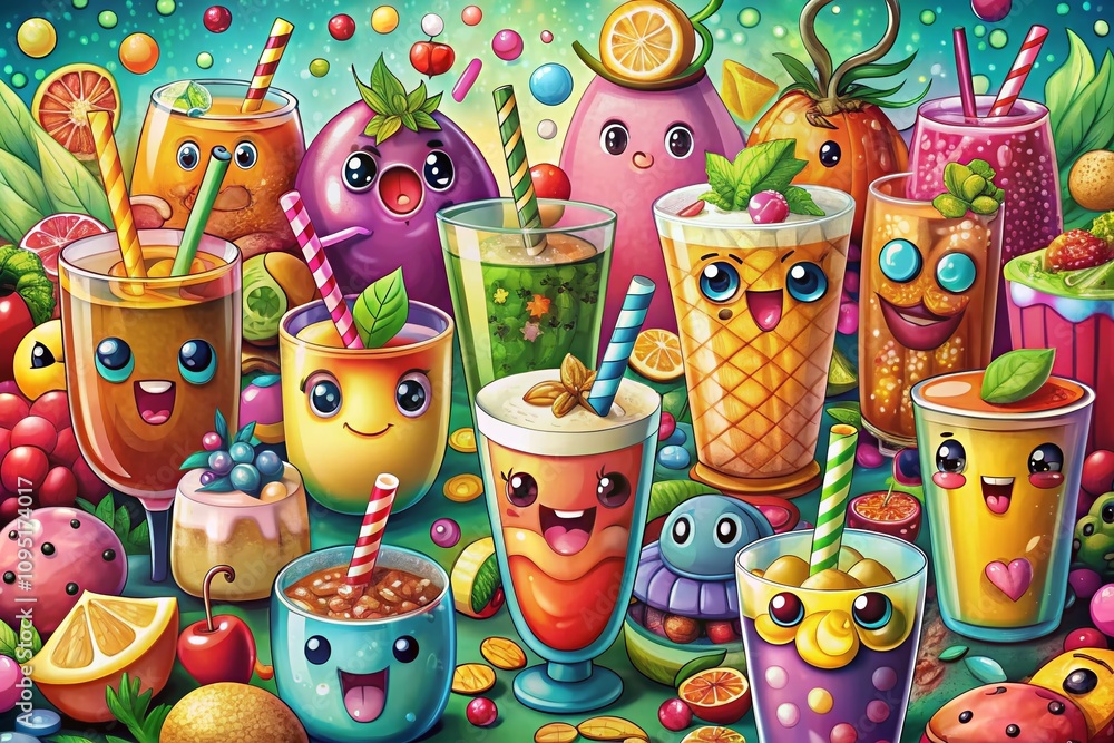 Poster whimsical cartoon drink parade featuring colorful beverages and fun characters in a playful setting 
