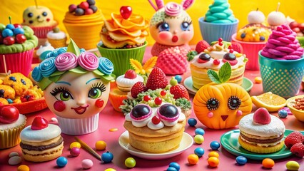 Obraz premium Whimsical Cartoon Makeup Inspired Food Photography Featuring Colorful Desserts and Treats Perfect for Social Media Sharing and Fun Culinary Creations