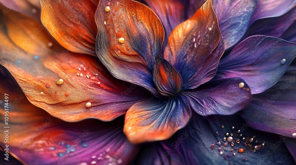 Poster vibrant and intricate botanical macro image focusing on the delicate textures and rich colors of col