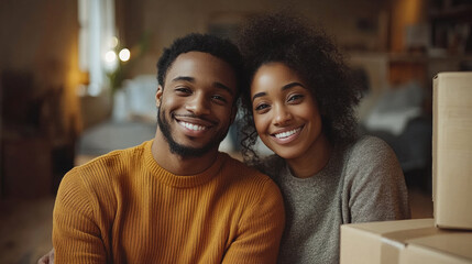 Couple enjoying a moment together at home surrounded by moving boxes in a cozy setting