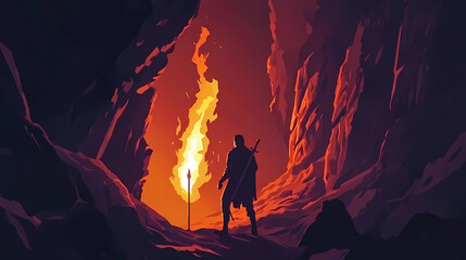 Fototapeta premium A lone warrior with a flaming torch stands in a cave, holding a sword. Flaming Torch Cave. Illustration