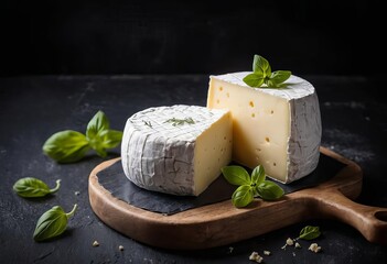 A close-up of homemade vegan cheese on a black background