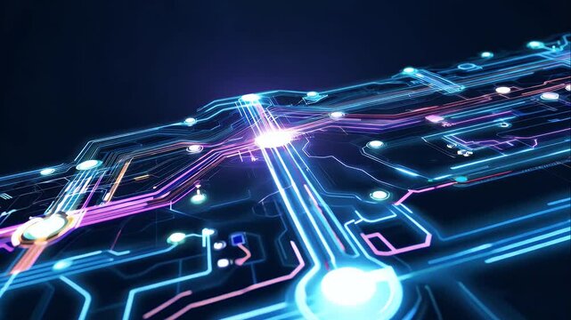 Blue and neon circuitry with flowing data streams, depicting data mining and artificial intelligence