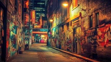 Fototapeta premium A narrow alleyway showcases colorful graffiti art along brick walls. Trash and debris are scattered on the ground, emphasizing urban decay and creativity.