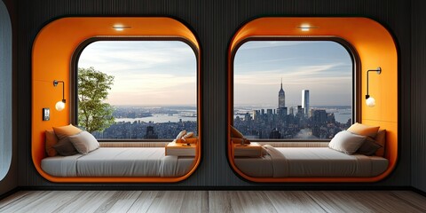 Fototapeta premium two banks orange and grey modern bedroom capsule area with large window and city view background 