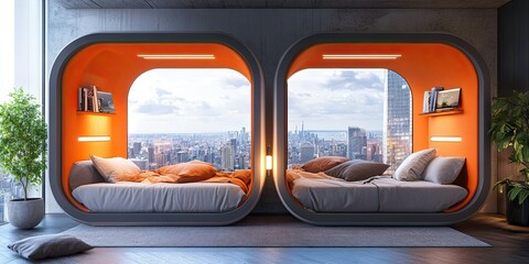 Fototapeta premium two banks orange and grey modern bedroom capsule area with large window and city view background 