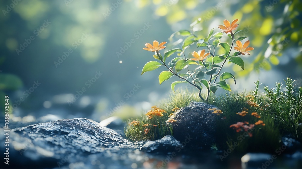 Poster captivating close up view of delicate botanical elements thriving within a serene and lush natural s