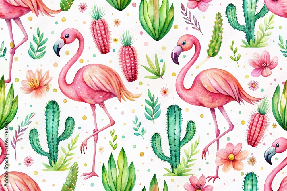 Poster Whimsical Watercolor Flamingos with Cactus in Boho Style for Kids' Invitations and Textile Designs on a White Background with Bokeh Effect