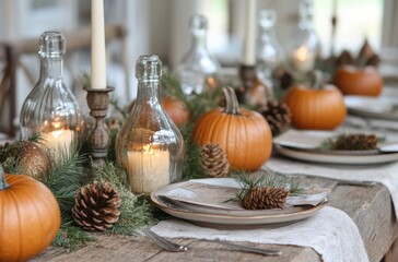 Elegant autumn table setting with pumpkins and candlelit bottles