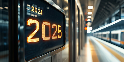 Digital display in a modern train station transitions from 2024 to 2025, symbolizing a journey into the new year.