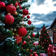  Christmas tree decorated with red patchwork ornament artificial balls craft presents for new year 2019 christmas tree holiday winter festive celebration   