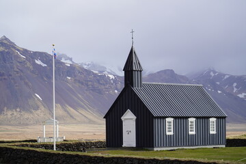 Black church on the snaefellsnes peninsula, budakirkja, budir church in Iceland 