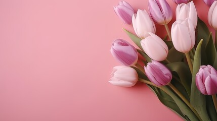 Obraz premium Delicate pink and white tulip bouquet on soft pink background for spring festivities