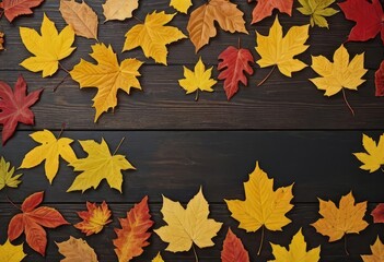 A wooden table with autumn leaves scattered on top
