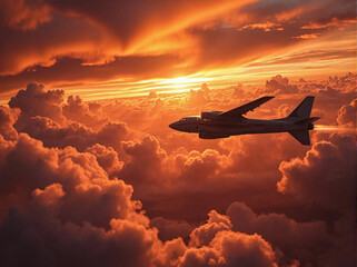 Airplane against sunset and clouds. Close-up.