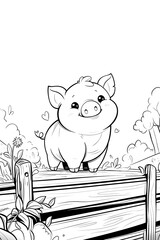 Black and white illustration of a pig in a farm. Kids coloring book page. Concept of rural farm lifestyle