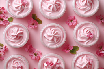 Soft pink hydrating cream jars, cosmetics mockup, aesthetic top down view.