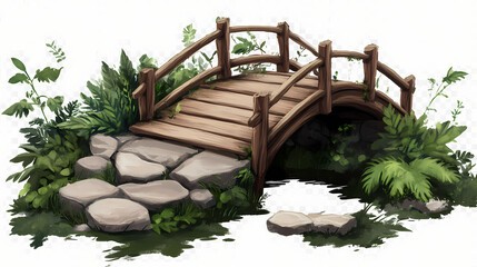 Wooden garden bridge with stone steps and lush greenery, isolated on a transparent background, graphic resource. Rustic Wooden Bridge. Illustration
