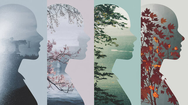 four silhouettes of human profiles. Each silhouette indicates a different season, located in vertical panels. Cold crystalline winter, blooming spring with delicate pastel tones, lush and green greene