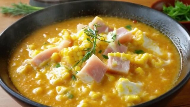 360-Degree Rotating Shot of Rich Corn Chowder with Ham, Cheese, and Chives on Rustic Wooden Table