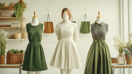 Greenery and sustainable environmental concept. Three stylish dresses displayed in a boutique setting