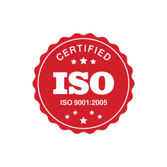 ISO 9001:2005 Certified Seal: A vibrant red circular seal, signifying ISO 9001:2005 certification, features bold white text and stars, conveying quality, reliability.