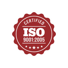 ISO 9001:2005 Certification Seal: A red and white  ISO 9001:2005 certification seal,  emblem of quality management,  standard, excellence, assurance, compliance, certification,  icon, badge, quality.