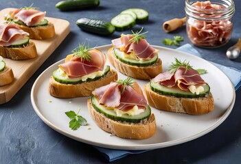 A plate of crostinis topped with cheese, cucumber, and smoked ham slices