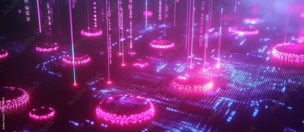 Poster abstract digital data streams flowing onto a glowing circuit board.
