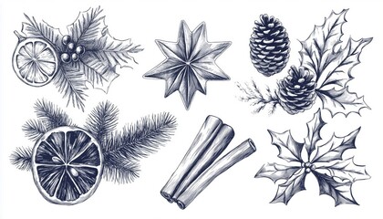 Festive Hand-Drawn Holiday Elements: Pinecone, Bow, Orange Slice, Holly Leaf, Cinnamon Sticks, And Star - Perfect For Christmas Decorations! Ideal For Greeting Cards And Posters