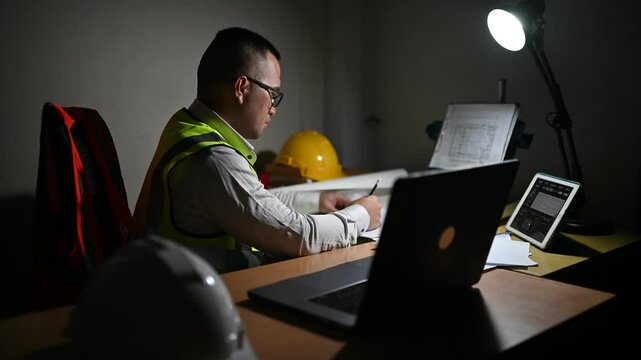 Engineer sitting at night checking construction plans on laptop and planning construction in office
