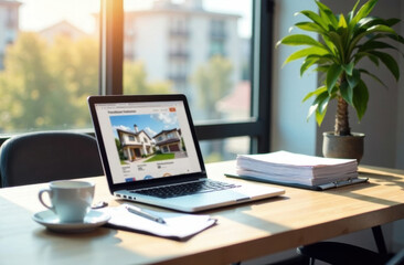 Fototapeta premium Modern real estate agent desk with laptop and documents