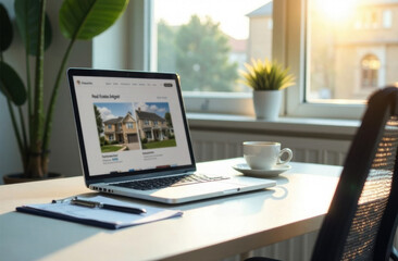 Modern real estate agent desk with laptop and documents