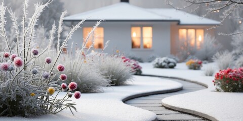 winter garden with frost covered flowers and vibrant colors creates serene atmosphere along stone pathway near house.