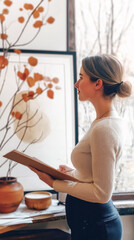 A woman is standing in front of a painting and writing in a notebook