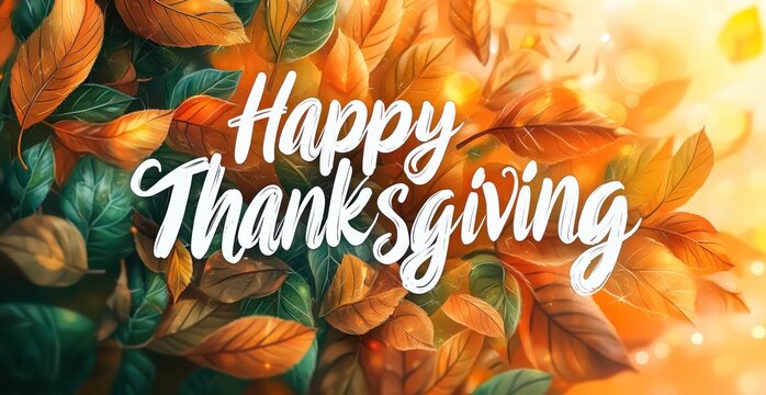 Festive Happy Thanksgiving Day greeting with autumn leaves