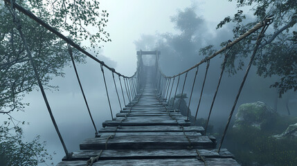 A rustic, suspended rope bridge with wooden planks and metal cables winds its way across a serene, misty. Rustic Wooden Bridge. Illustration