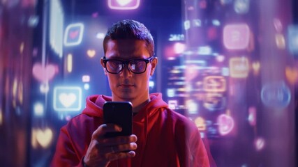 Social Media User With Phone Browsing Digital Apps Night Life Style Technology