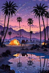 anime-style desert oasis at dusk