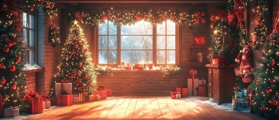 Elegantly decorated Christmas photo studio backdrop featuring a cozy and seasonal scene with a sparkling Christmas tree wrapped gifts a warm fireplace