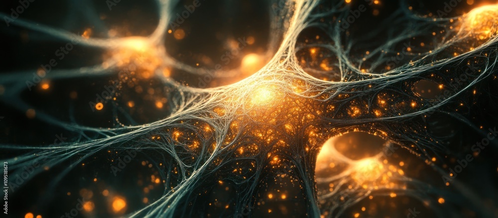 Poster glowing neural network, abstract depiction of brain synapses firing.
